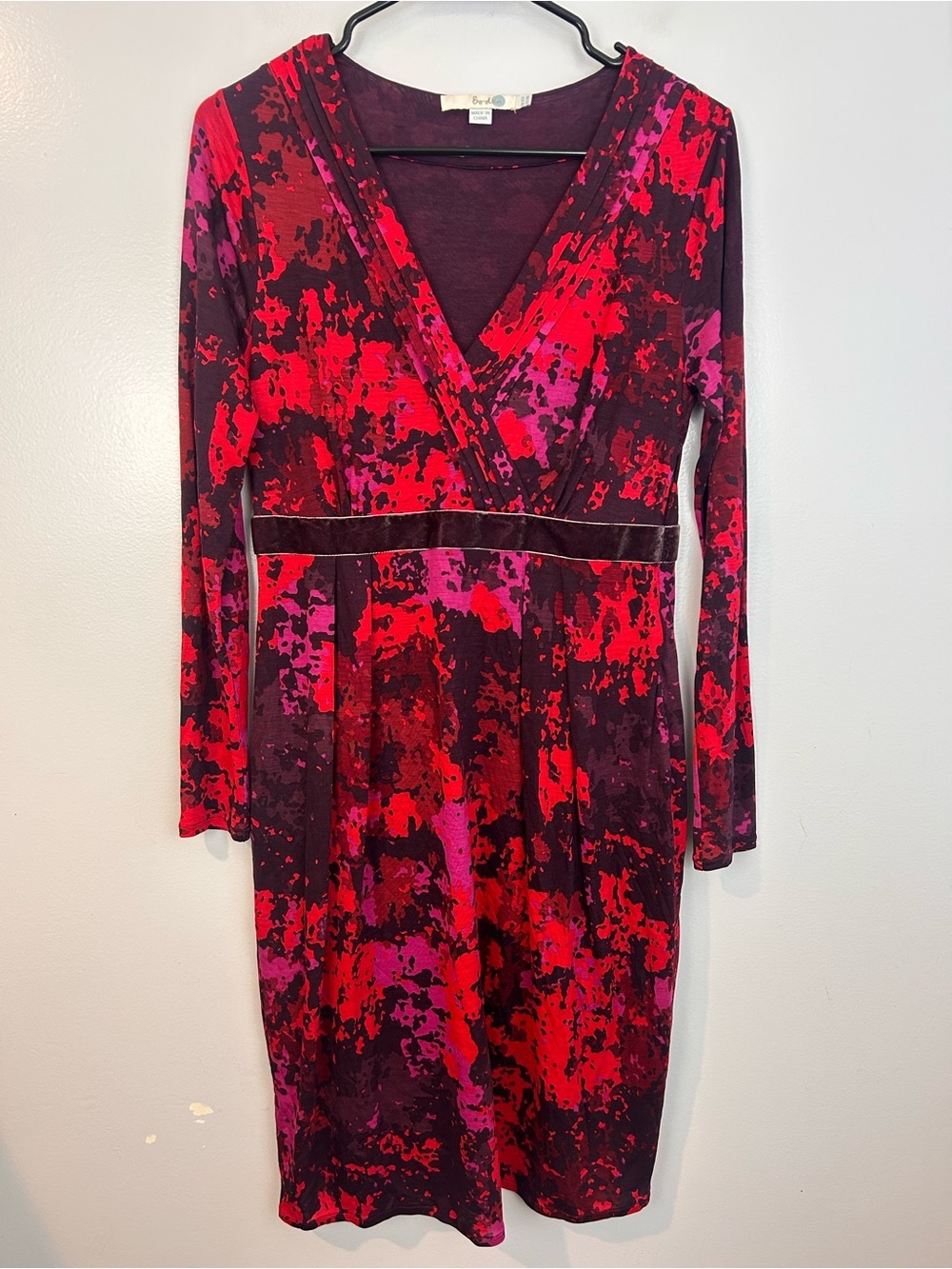Boden Red Aperitif Abstract Long Sleeve Velvet V-neck Jersey Midi Dress Size 6